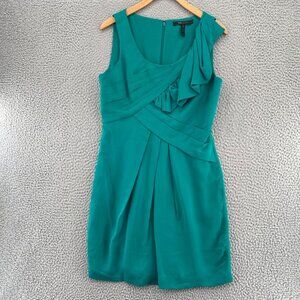 BCBGMAXAZRIA Dress Women 06 Green Sheath Silk Pleated Ruffle Sleeveless Cocktail